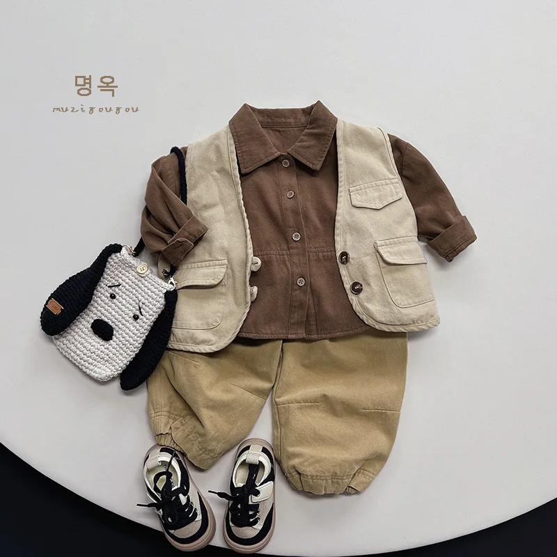 Children Solid Pockets Waistcoat Autumn Costume Boy Baby Cardigan Sleeveless Casual Tops Coat Girl Infant All-match Fashion Vest