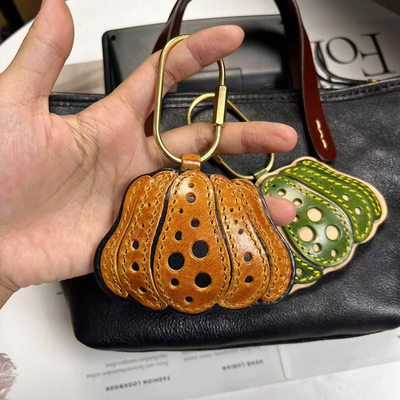 ของแท้หนัง Handmade จุดสีส้มฟักทองกระเป๋า Charm จี้กระเป๋าถือ Crossbody กระเป๋าจี้สาวของขวัญวันเกิด