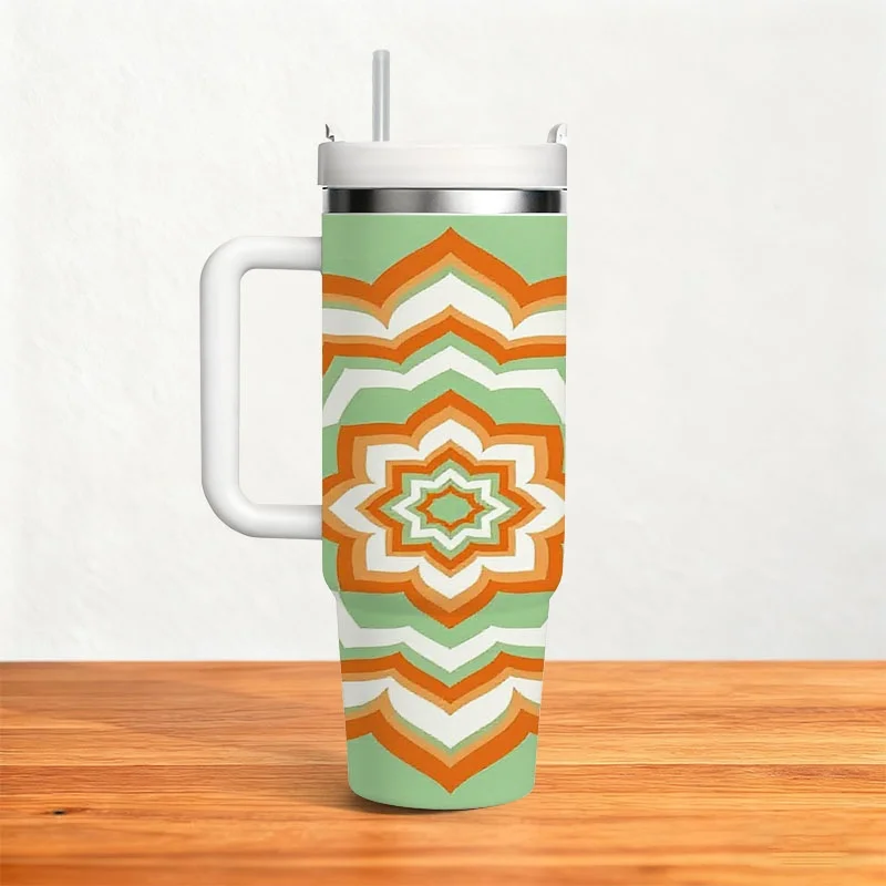40oz Insulated with Handle & Straw Lid - Double-Wall Suitable for Hot/Cold Drinks, 18H Hot & 36H Cold Retention, Retro Mandala Tumbler for Travel, Gym, Office, Water Gift for