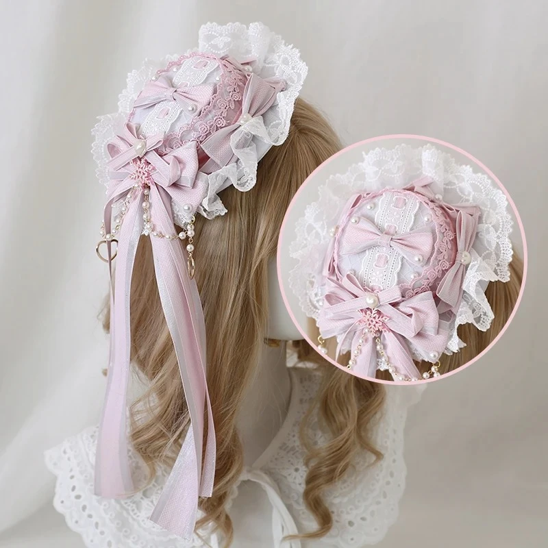 Victorian Vintage Light Blue Lolita Lace Bow Barrettes Women Sweet Pearl Tassel Small Hat Cute Hair Accessories Headwear Hairpin