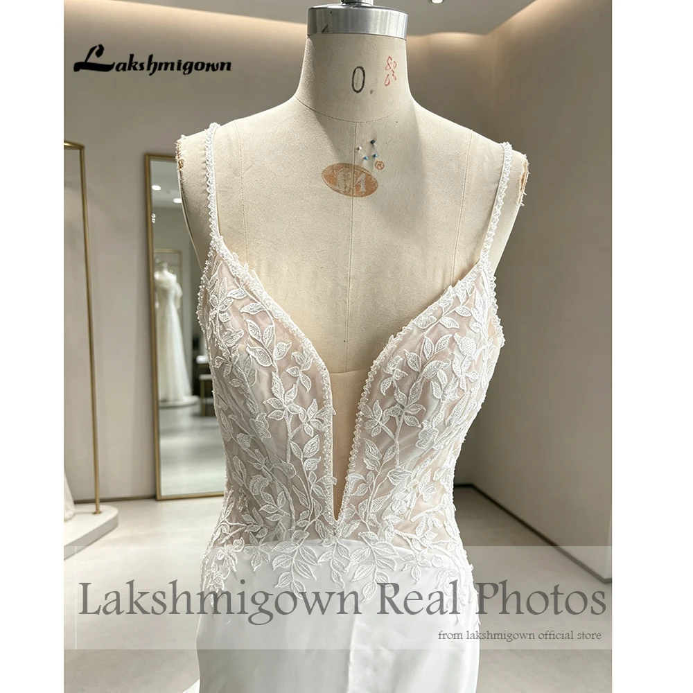 Lakshmigown Sexy V-Ausschnitt Spaghettiträger Meerjungfrauen-Hochzeitskleider Echte Fotos Spitzenapplikationen Weicher Satin Brautkleider Nach Maß – Detail 7