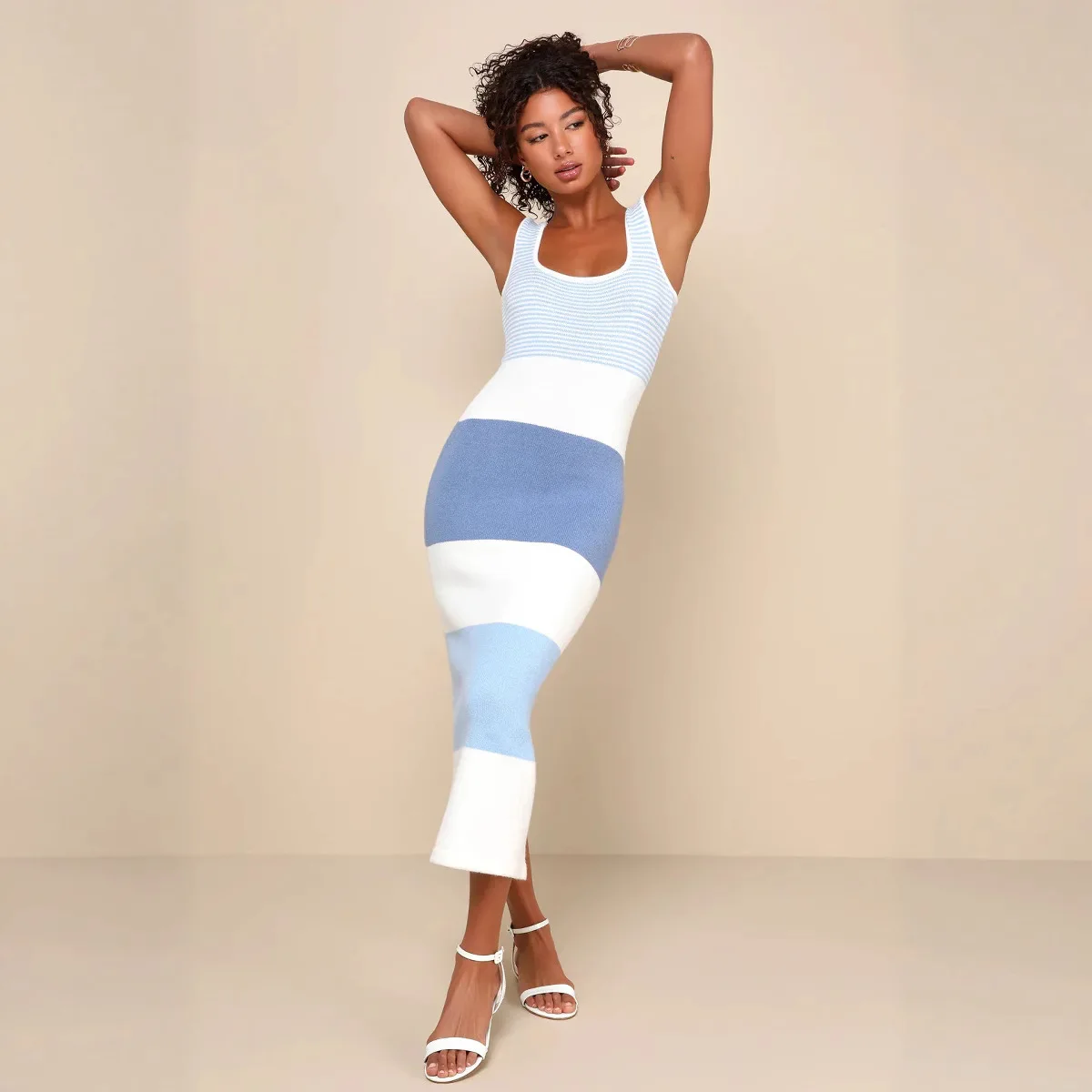 

2026 Spring Summer New Style Colorful Striped Contrast Sleeveless Backless Slim Fit Vacation Beach Knitted Dress