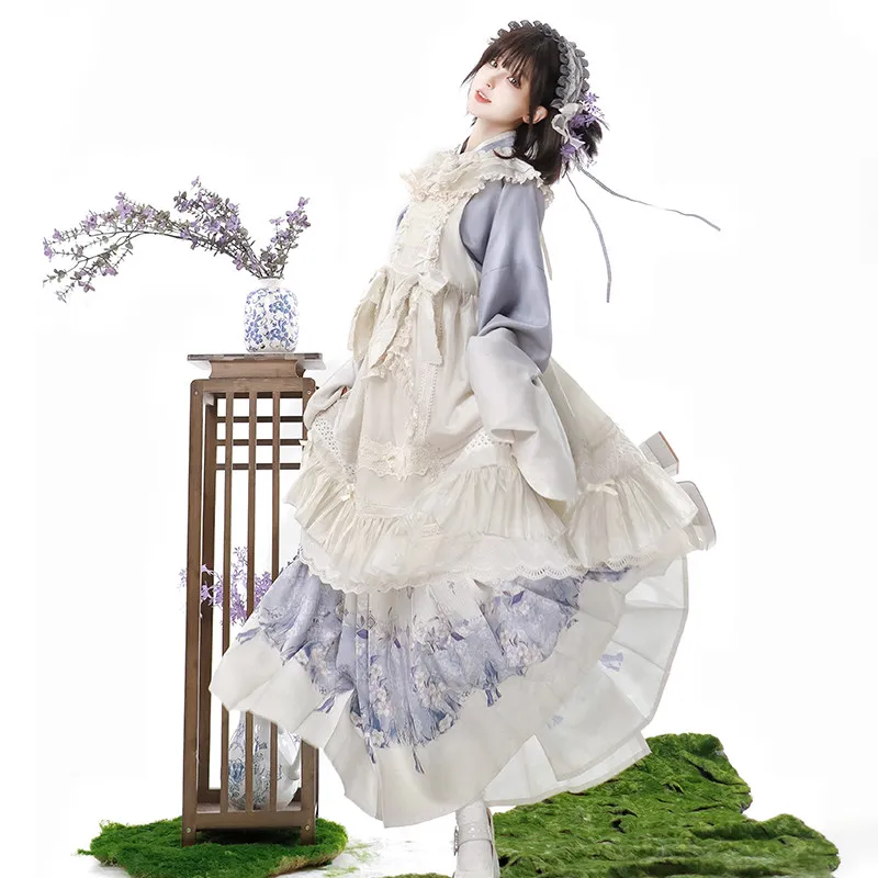 

Spring and Autumn New Chinese Original Lolita Set Skirt Elegant Retro Lace Bow Skirt Printed Top Horse Skirt 3-piece Set Women