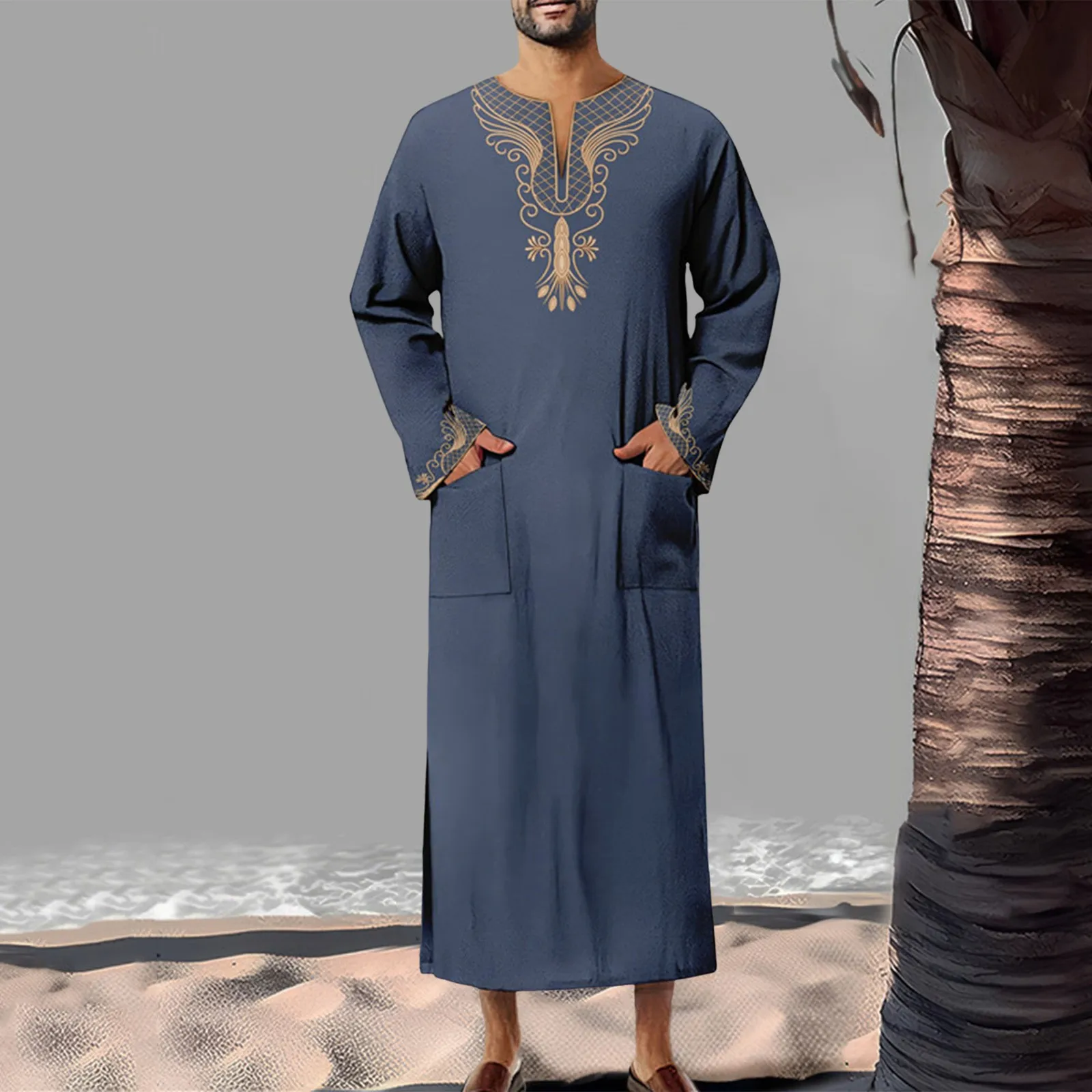 Fashion Printed Men Muslim Arab Long Robe Long Sleeve Robe V Neck Double Pockets Design Loose Breathable Arabian Islamic Kaftan