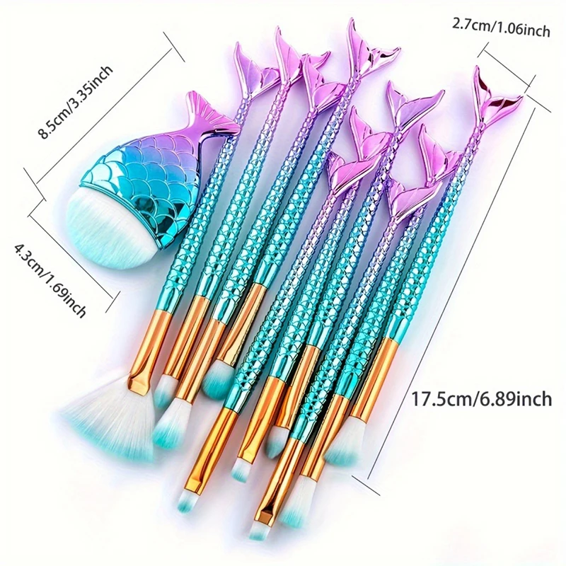 Juego de brochas de maquillaje de 11 Uds., Kit de brochas de ojos de sirena a la moda, resaltador de colorete, máscara de ojos, juego de brochas de maquillaje de sirena