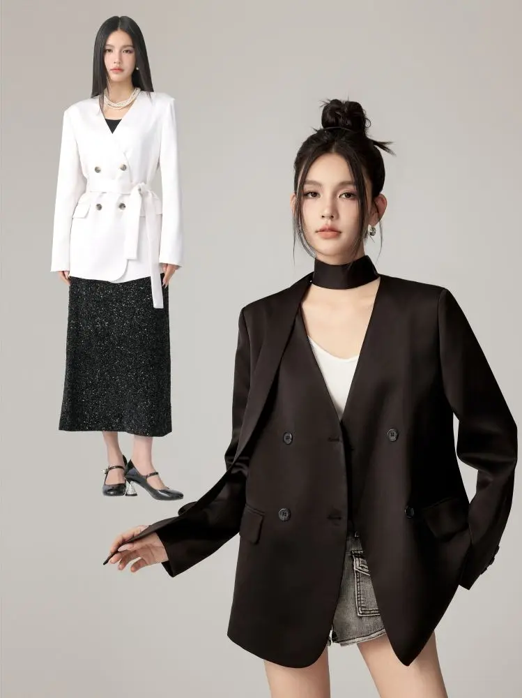 

Faionable V-Ne Suit Jaet CHILL ZOEY New Arrival Spring 2025 Slim Fit Long Sve Double Button Pure Color Commute Sle