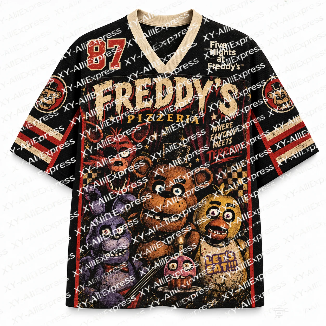 Vintage Circus Horror Mesh Hockey Jersey, Retro Creepy Puppet Pizza Poster Design, V-Neck Short Sleeve, Street Style Gamer Tee