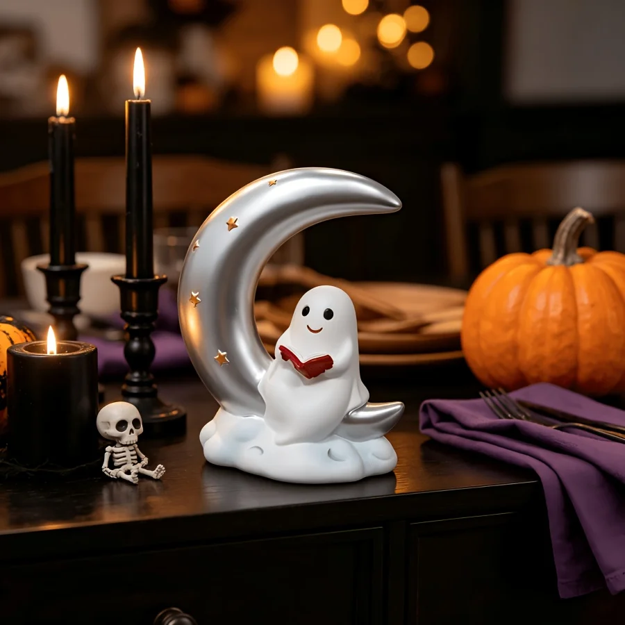 1 Piece Cute Reading Ghost Resin Desktop Ornament, White Ghost Sitting on Clouds Holding a Book with Silver Star and Moon Frame Statue, Spooky Cute Halloween Desktop Decoration, Suitable for Bedroom Windowsill Bookshel