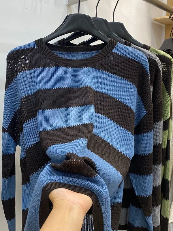 

Color Blo Stripe round Ne Long Sve Knitted Sweater Women's Loose Slimming Base Layer Top Casual Sle Autumn Faion
