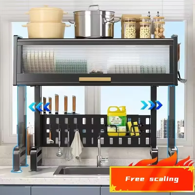 Cabinet door dust-proof sink frame retractable vertical kitchen bowl rack two-layer drainage storage rack