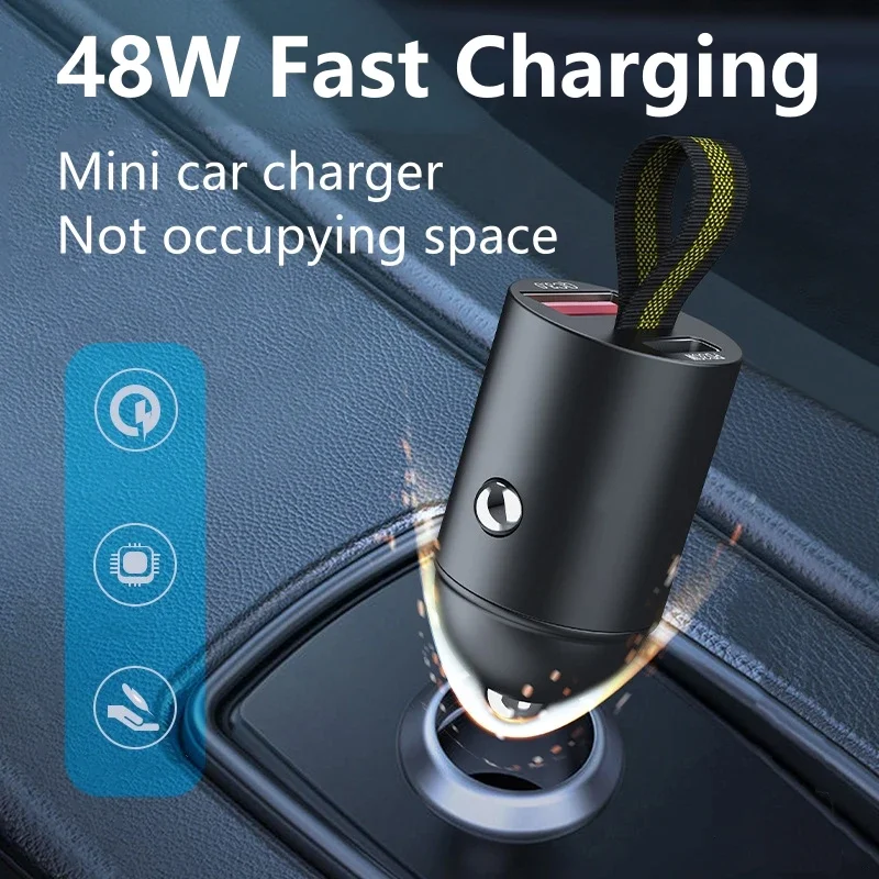 48W Mini USB Car Charger Super Fast Charging Type-C PD Quick Charge Car Phone Charger Adapter for iPhone 15 Huawei Samsung