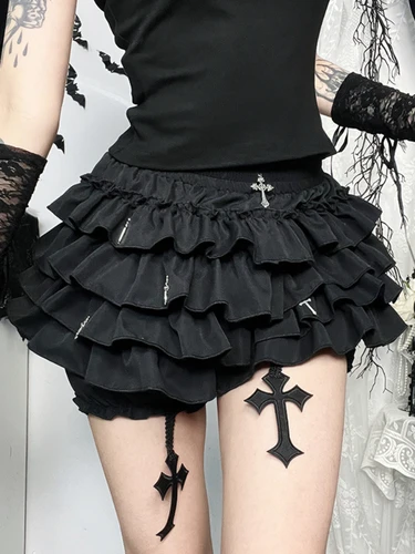 AltGoth-pantalones cortos góticos con forma de pastel para mujer, Shorts de cintura alta con retales cruzados oscuros, estéticos, Harajuku, Grunge, Y2k