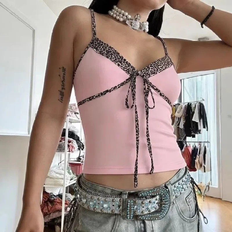 Pink patchwork leopard print 2000s vintage Harajuku Girly bowknot Y2K Strap style subculture spicy girl short slim fit tank tops