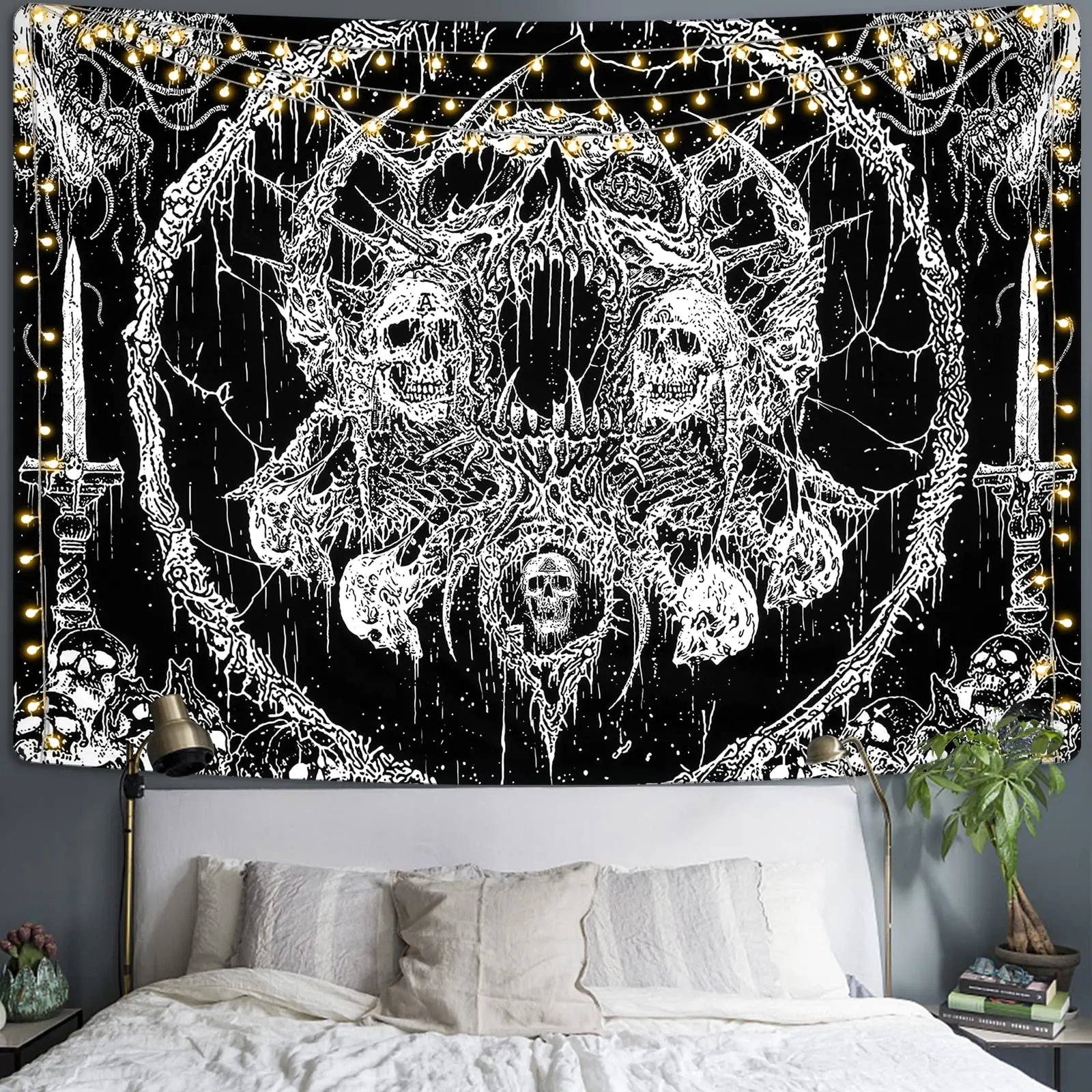 VIKAMA Halloween Arazzo a tema scuro Teschio in bianco e nero Festival Decorazioni per feste Appeso a parete Soggiorno Arredamento camera da letto Ara