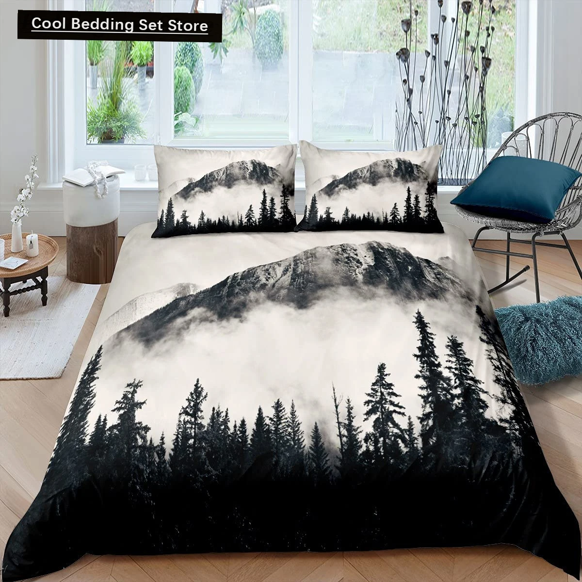 

Smoky Mountain King Queen Duvet Cover Grey Fog Pine Trees Bedding Set Retro Natural Scenery Art 2/3pcs Polyester Quilt Cover