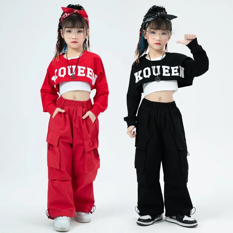 

Girls Modern Jazz Dance Costume Kids Hip Hop Clothing Red Black Long Sleeves Tops Cargo Pants Streetwear Concert Stage Outfits