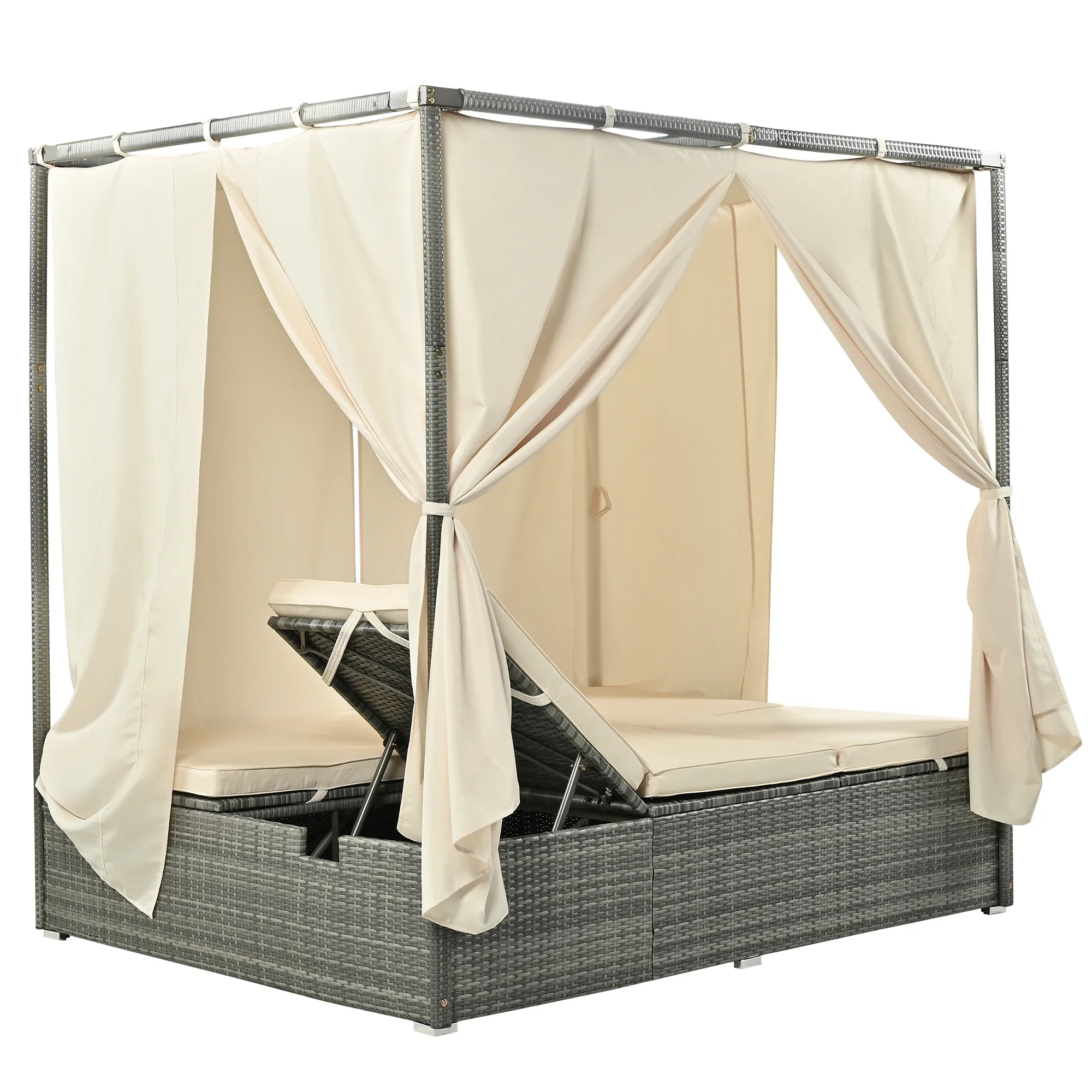 

Wicker Sunbed Daybed with Canopy, Overhead Curtains, Cushions, Lounge Chairs with Adjustable Seats 3 Colors
