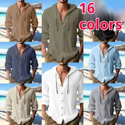 Men's Solid Color Casual Shirt, Hooded Drawstring Cotton and Linen Cardigan, Trendy and Versatile Loose Beach T-shirt