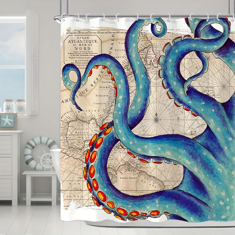 Blue Octopus Tentacle Shower Curtain, Ocean Sea Monster Shower Curtain Bathroom Nautical Coast Map Waterproof Fabric Shower Curt