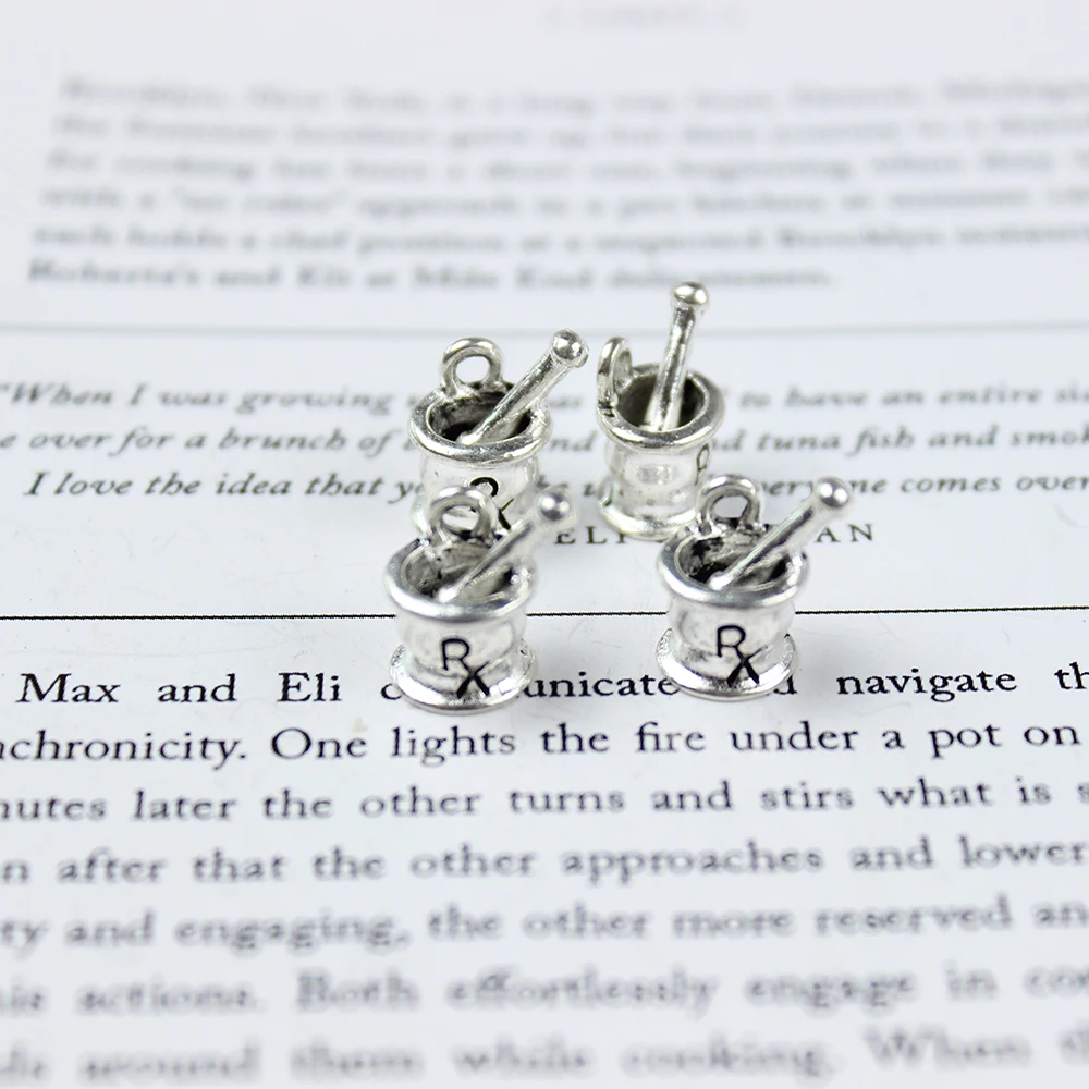 10Pcs-- Antique Silver Colour Mortar And Pestle 3D Pharmacist RX Charms Pendant For Diy Jewelry Making