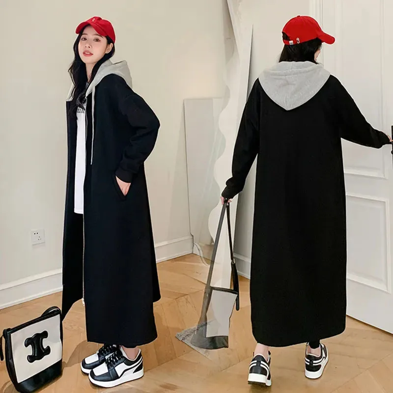 Long Loose Hooded Coat with Zipper, Commuting Hoodie, Black Jacket, Fashion Tren Over the Knee, Plus Size, Autumn and Winter, Ne