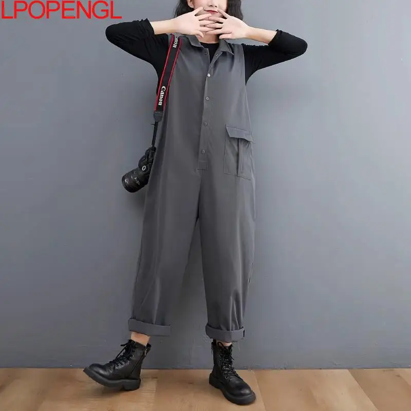 Fashion Simple Rompers Women's 2024 Autumn New Literary Loose Solid Color Cargo Pants Pocket Streetwear Oversized Jumpsuit