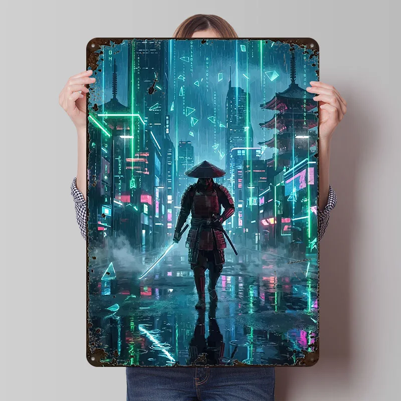 Cyberpunk Samurai in Neon City Druckposter Maßgefertigte Retro Wandkunst Vintage Metallschilder für Badezimmer-Dekoration Männerhöhle