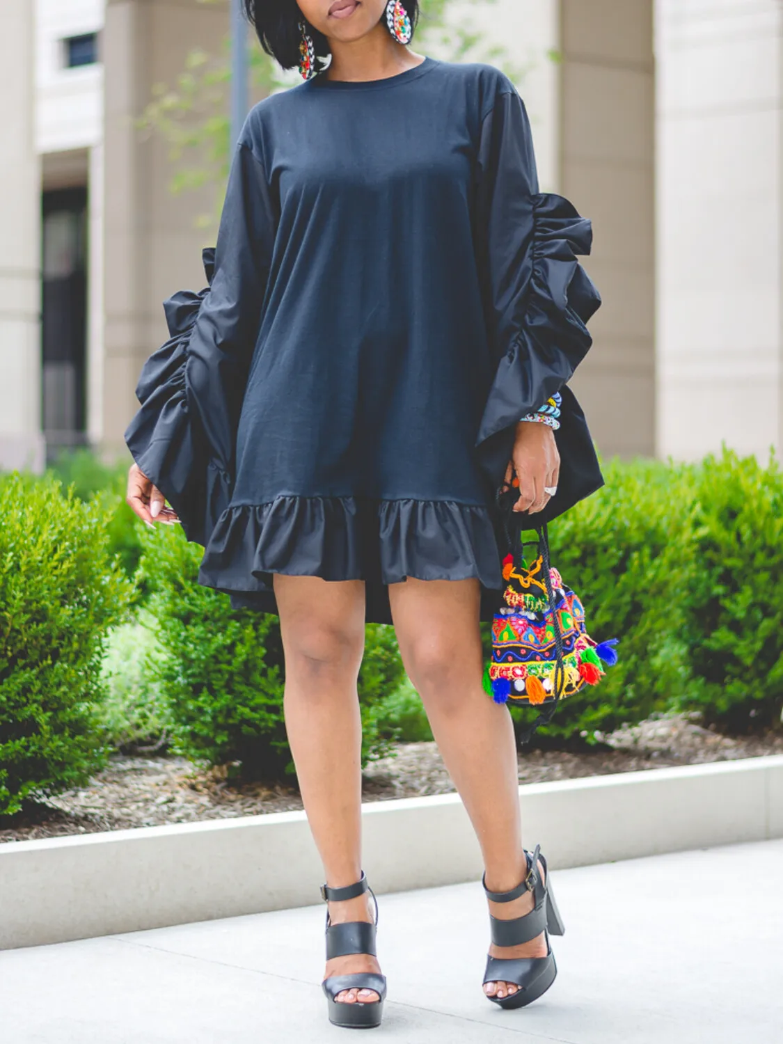 

Women Plus Size Casual Mini Dress Ruffle Hem Loose Round Neck Long Sleeve Streetwear Ruffle Sleeve Vintage Dresses for Women