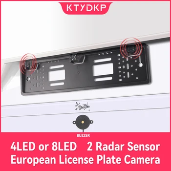 KTYDKP 차량용 후면 보기 카메라, 레이더 센서 포함, 주차 유럽 번호판 거치대 프레임, 범용 액세서리, 12V 4/8 LED