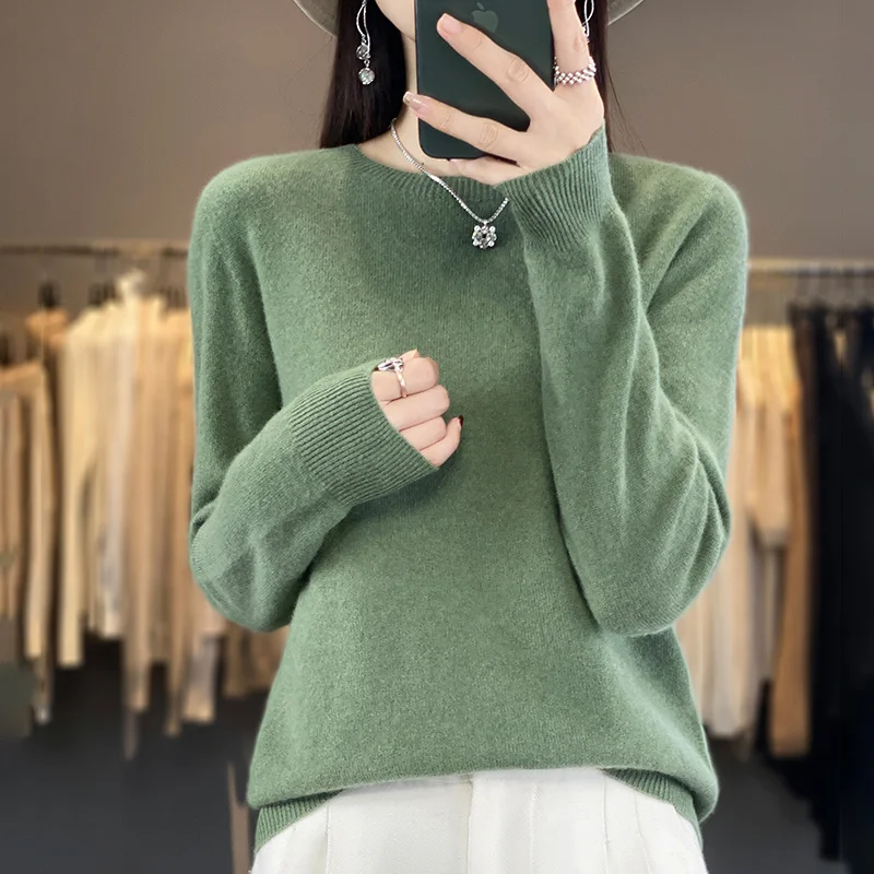 Seamless One Line Sweater 100% Merino Wool Knitted Pullover Women\'s Round Neck Tops Casual Solid Color Long Sleeve Basic Style