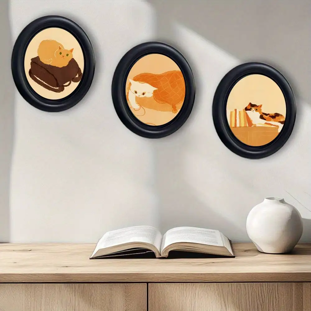 Funny Cat Lazy Cat Abstract Line Stylish Wooden Elliptical Photo Frame, Perfect for Home & Holiday Decoration, Great Gift Choice