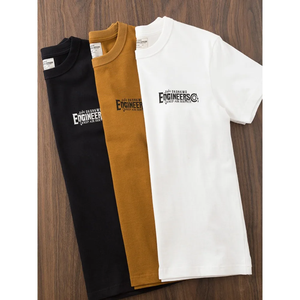 

Vintage Engineers Letter Print Men T Shirt Amekaji Crew Neck Short Sleeve Tees Retro Solid Color Cotton Casual Basic T-shirt