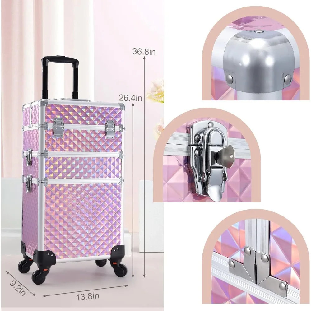3-in-1 rollender Make-up-Koffer mit 360° °   Räder, Schloss und Rautenmuster – Rosa für Profis