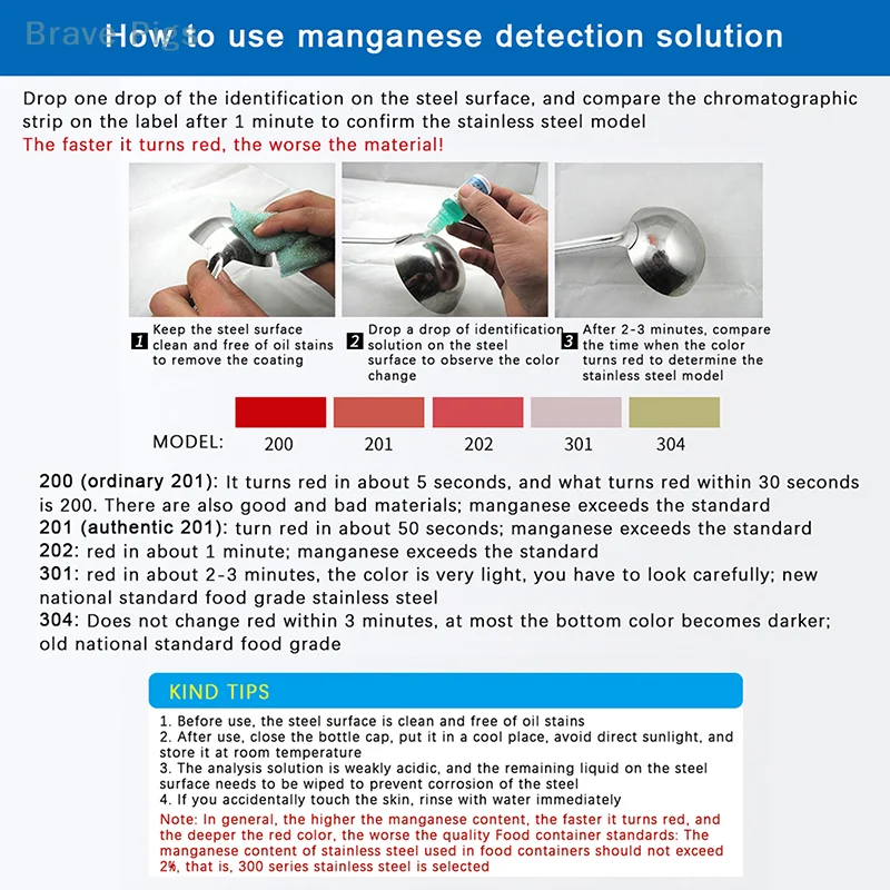 Test analytique de teneur en rine d'identification liquide de détection d'acier inoxydable, médicaments de réactif de rine, 12ml, 201, 304