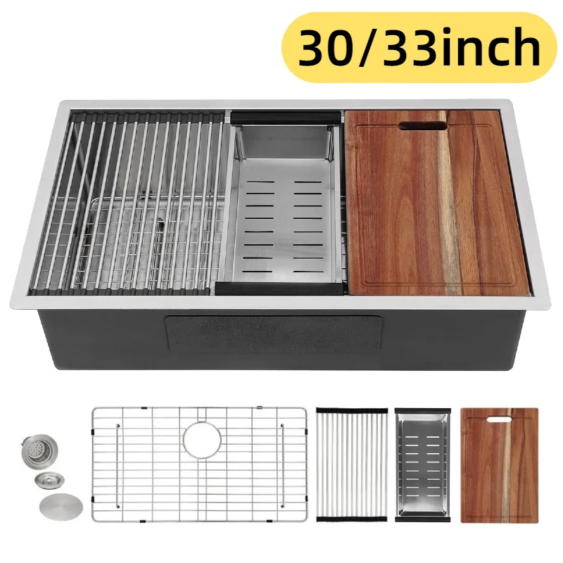 

16 Gauge Washing Sink Handmade 30/33 Inch Single Bowl Ledge Workstation with Bottom Grid Basket Strainer Multifunction Chef Sink