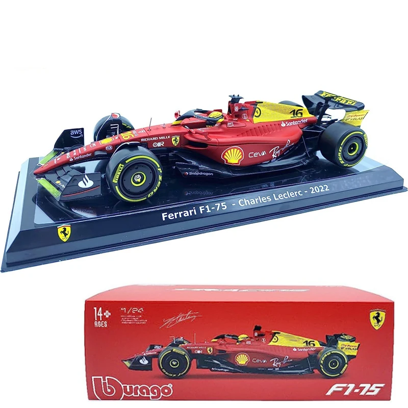 NEW Bburago 1；24 F1 2022 Ferrari 75th Anniversary Giallo Modena 16# Leclerc 55#Sainz Alloy Die Cast Car Model Toy Acrylic Box