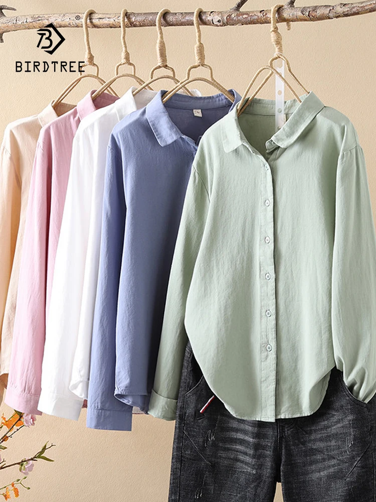 

New Spring Cotton Solid Shirt Women Lapel Tops Girl Long Sleeve Casual Literary Versatile Commute Blouse 2024 Autumn T43688QC