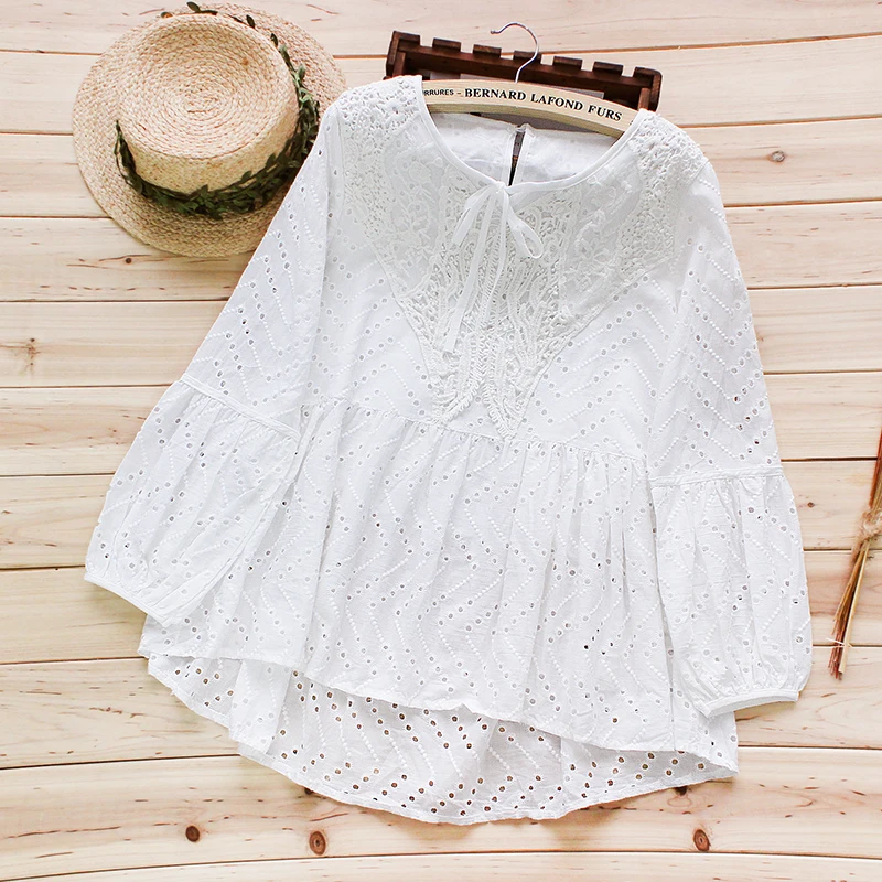 

Casual Tie Lantern Embroidery Shirt Tops Women Clothing Full Sleeved Hollow Out Blusas Cute White color shirts & blouses U480