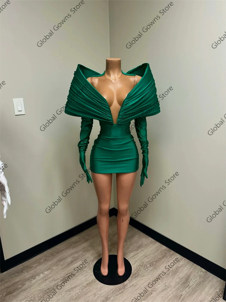 Green 2024 Short Prom Gown For Black Girls With Two Gloves Off Shoulder Birthday Party Cocktail Dresses Robe De Bal Customized