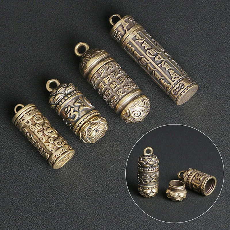 (.) Hollow Brass  Bottle Sutra Cylinder Pendant Keychain Handmade Vintage Pill Box Container Bottle Keychain Pill Case Bottle