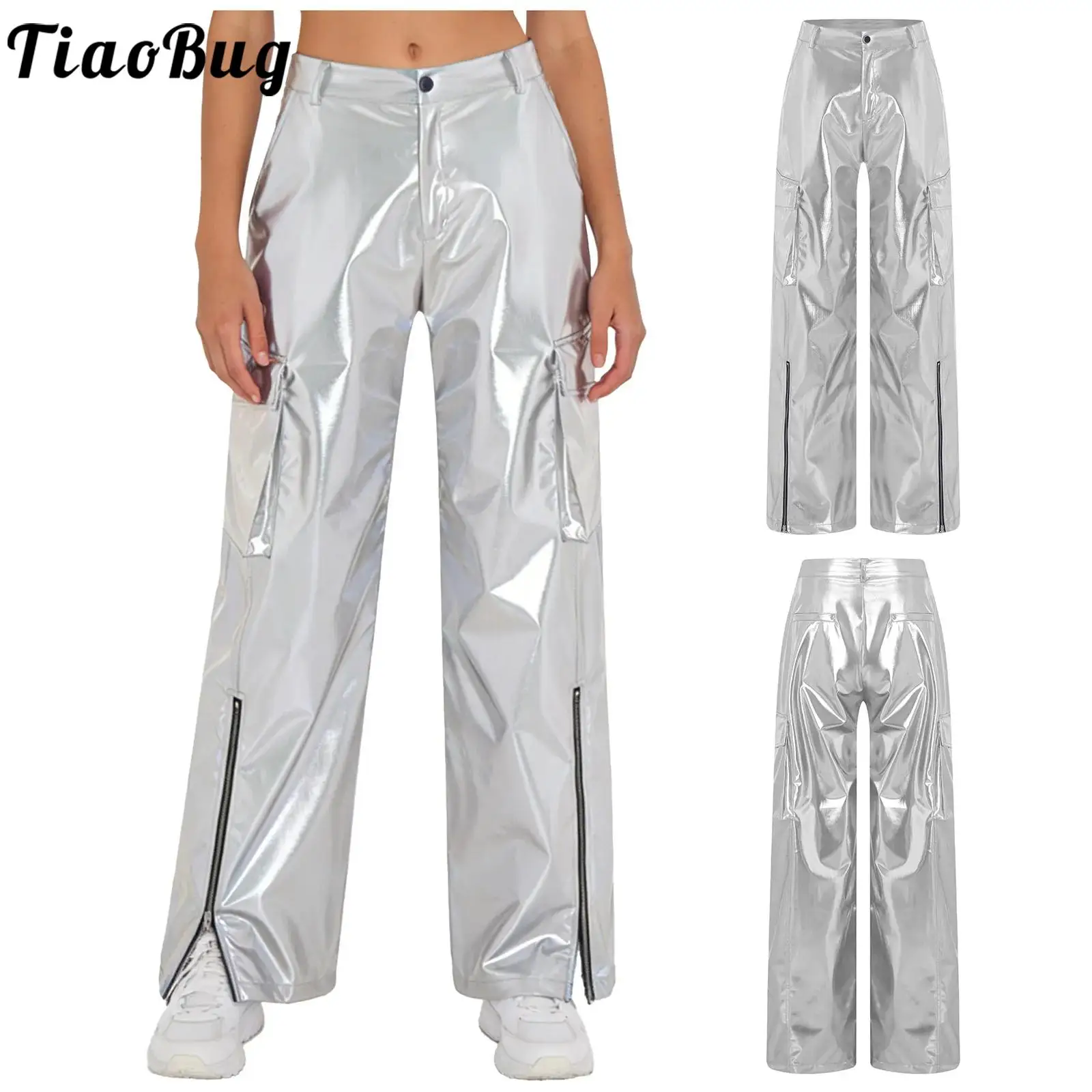 

Women Metallic Shiny Multi-pocket Cargo Pants Wide Legs High Waist Straight Pants Trousers for Disco Jazz Modern Street Dance