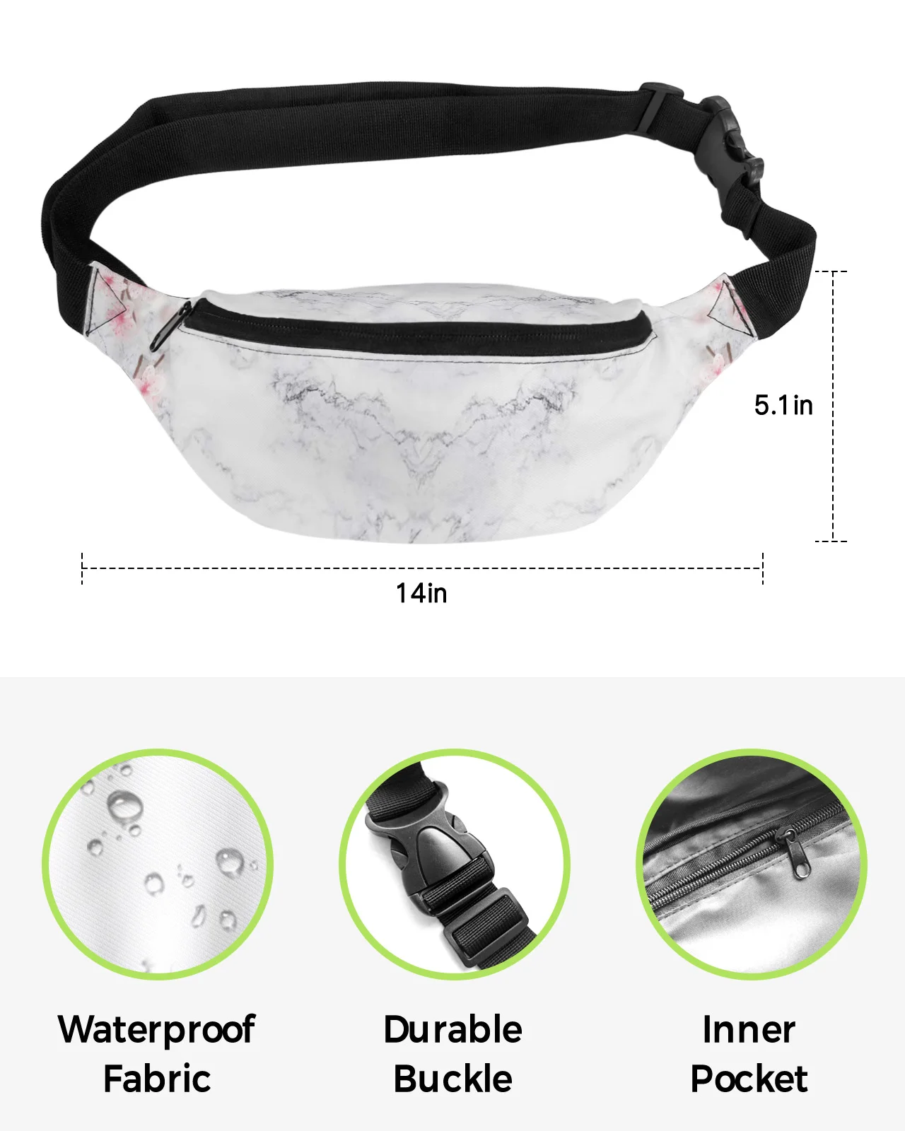 Marble Peach Pink Flower Waist Packs Shoulder Bag Unisex Messenger Bag Casual Fashion Fanny Pack for Women