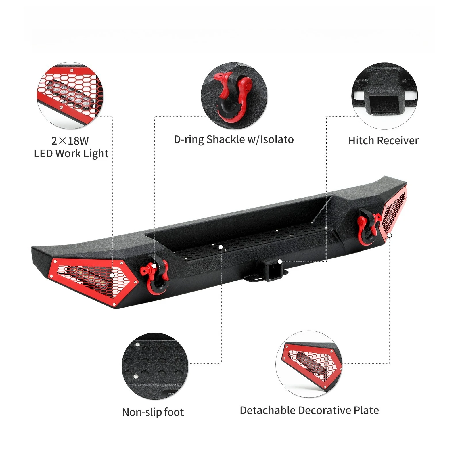 Rear Bumper for 07-18 Jeep Wrangler JK JKU W/ LED Lights D-Ring Hitch Receiver