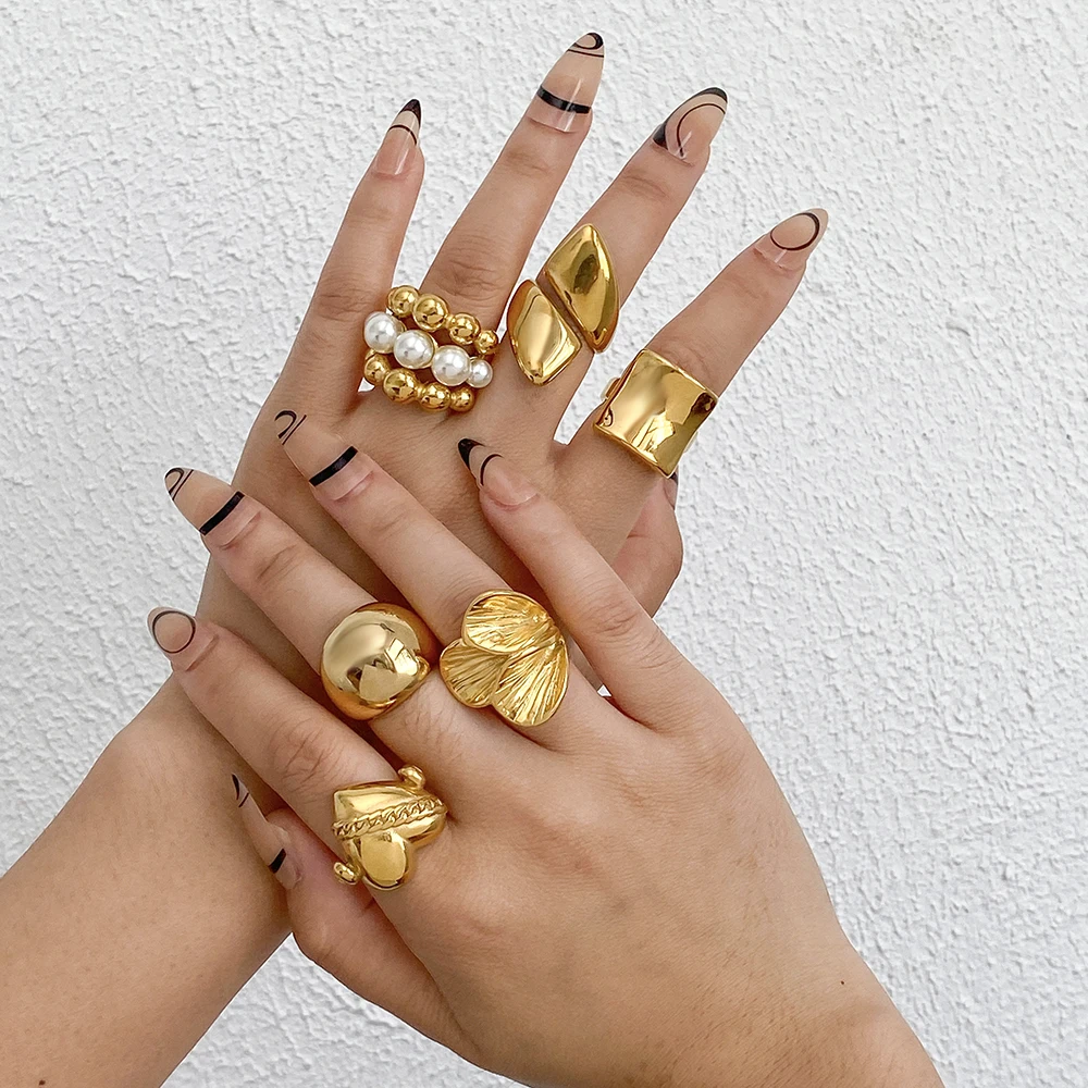 Greatera Chunky Stainless Steel Rings for Women Aesthetic Heart Pearl Geometric Finger Ring Gold Plated Waterproof Jewelry Gift