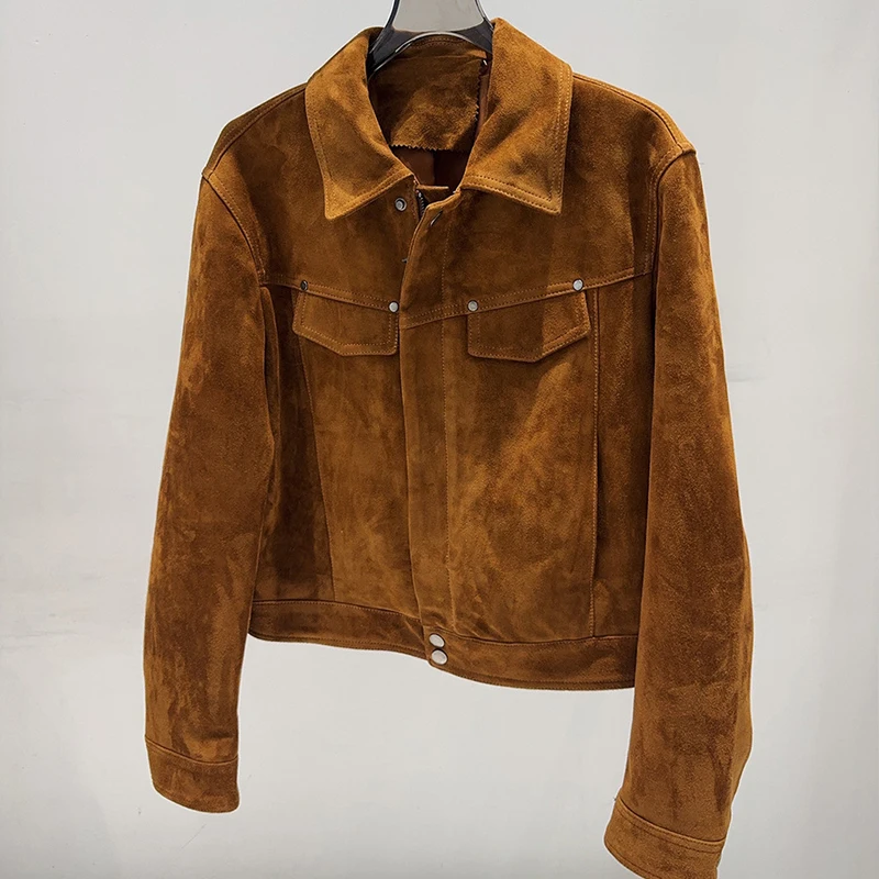 カジュアルブラウン/コーヒー本革ショートジャケット 2026 新しい女性用ゴートスキンスエードクラシックオートバイレザージャケットコート ファム