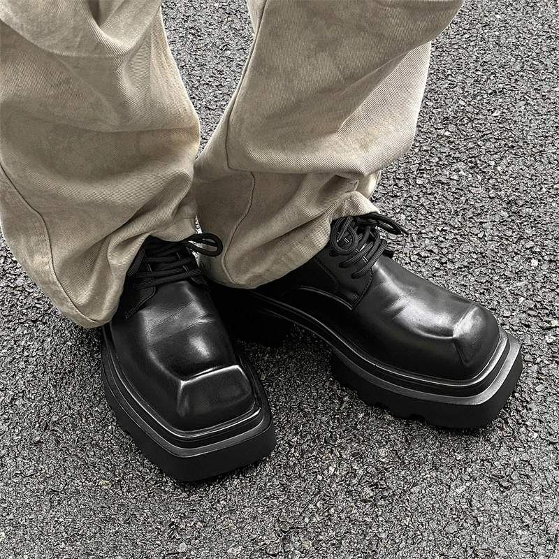Derby Square headed men\'s leather shoes Trendy minimalist style Fashion Party office Outdoor leisure youth thick soled shoes Hot