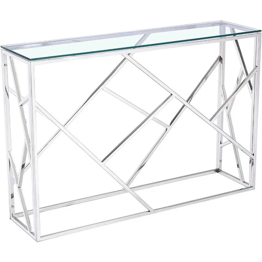 Console Table-Silver,Tempered Glass Top and Geometric Metal Base, Elegant Accent Piece for Living Room, Bedroom or Office