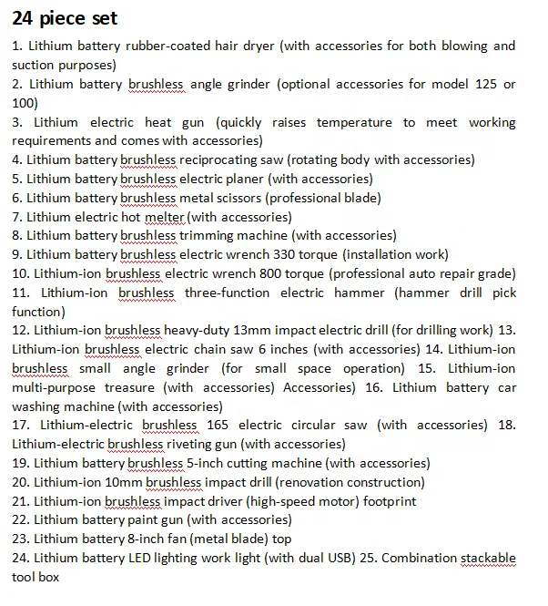 Kits combinados de ferramentas elétricas sem escova 20v 24pcs conjuntos de ferramentas manuais operadas por bateria de lítio
