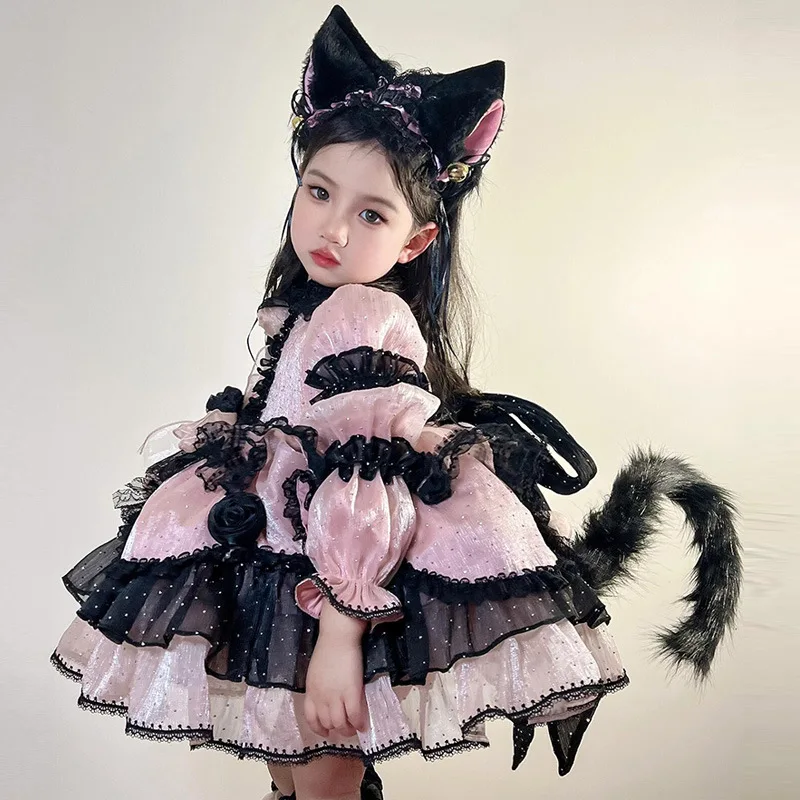 2024 Girl Cute Lolita Dresses Long Sleeves Birthday Party Children Dress Flower High Quality Patchwork Kids Clothing Ball Gown