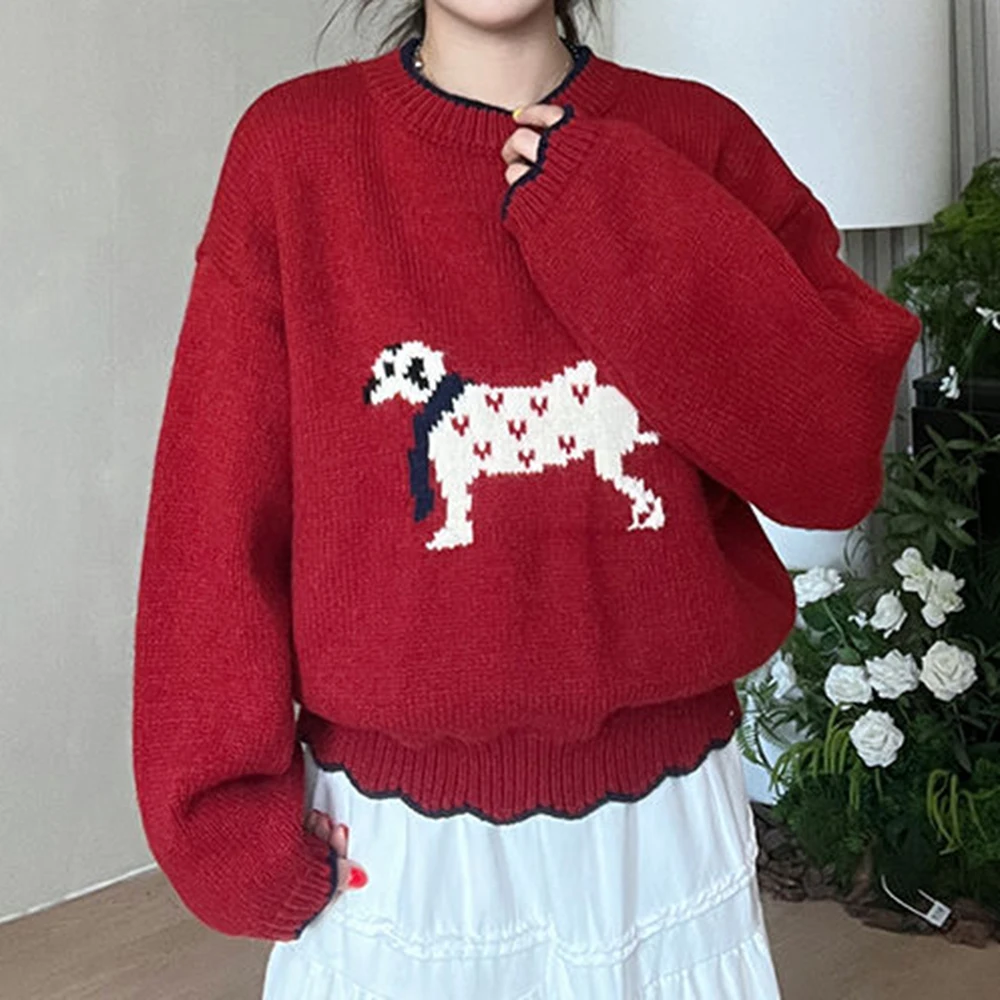 

Design Jacquard pullover cartoon embroidery puppy sweater women's 2025 autumn winter cute knitted sweater top trendy outside